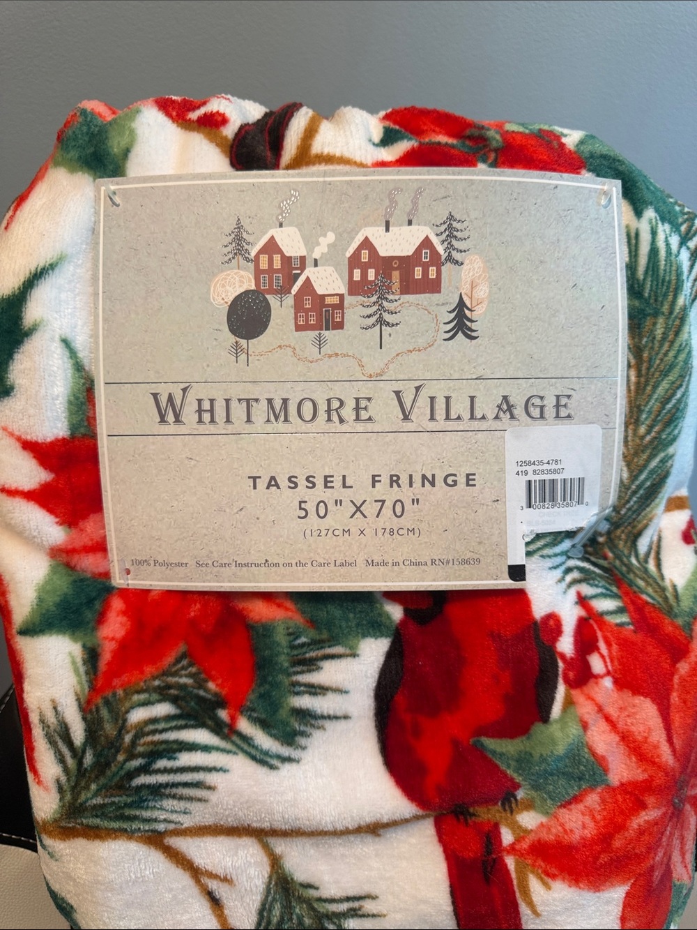 Whitmore Village Cardinal & Poinsettia Holiday Throw - Red, Green, Cream - Picture 2 of 4